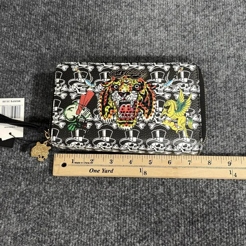 Ed Hardy Wallet Wristlet Womens One Size Black Skull Tiger Tattoo Zip Around